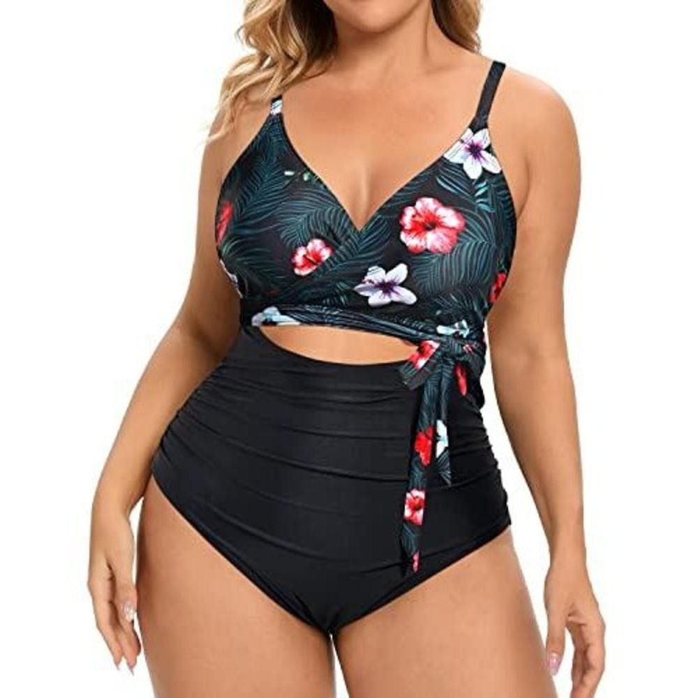 Daci Tropical Floral Halter Swimsuit Black Ruched Plunge Swimwear M /#26533